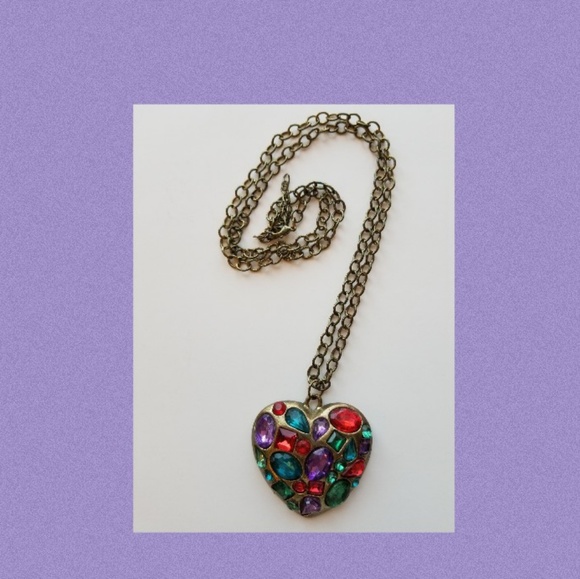Vintage Bronze Jeweltone Heart Statement Necklace, Red, Purple, Teal Green Multi - Picture 4 of 4